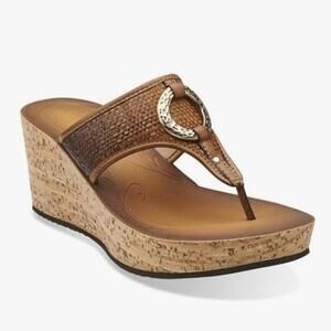 CLARKS Women's 'Avaleen Lake' Brown Flip Flop Cork Boho Wedge Sandals - Size 8